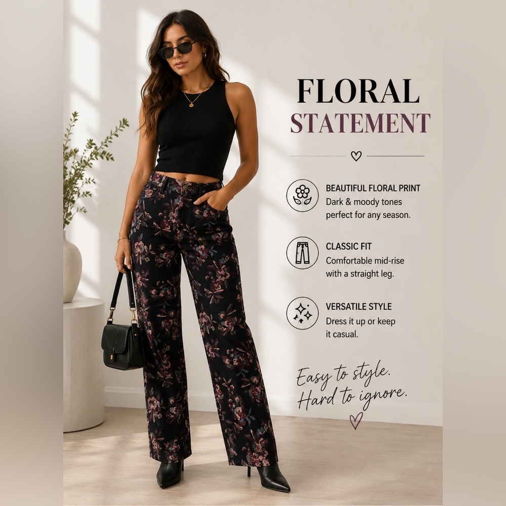 Bandolino Black Floral Straight-Leg Pants